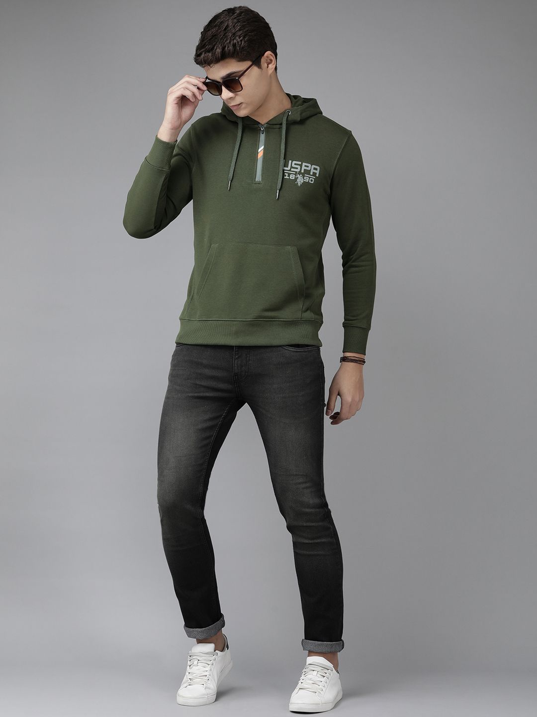  U S Polo Assn Denim Co Men Green Full Sleeve Front Half Open Hooded Sweatshirt