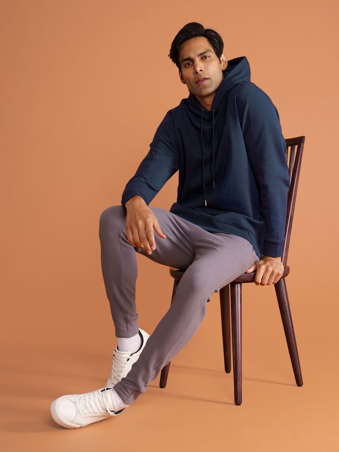  DAMENSCH Men Solid Navy Blue Cotton Regular Fit Hoodie