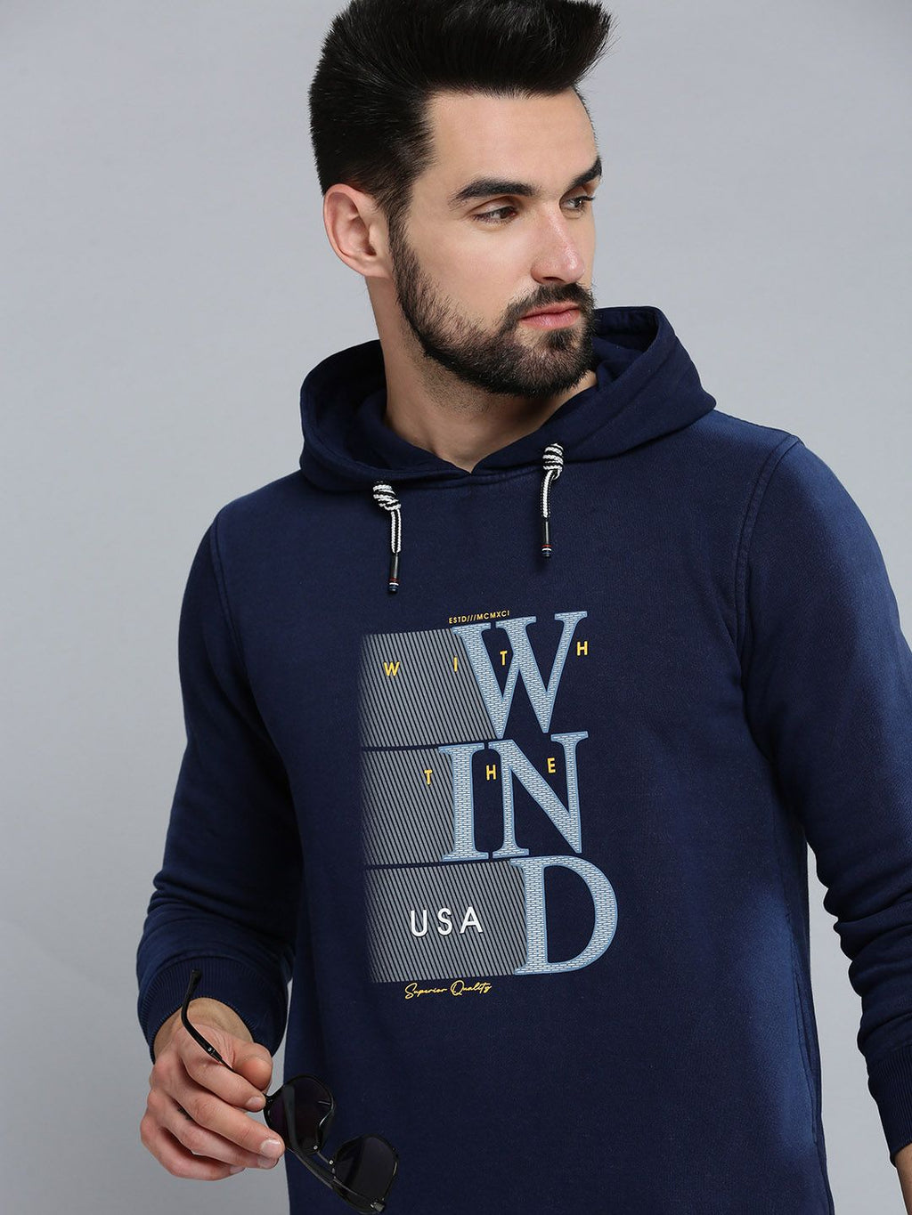  SHOWOFF Men Navy Blue Printed Hooded Cotton Sweatshirt