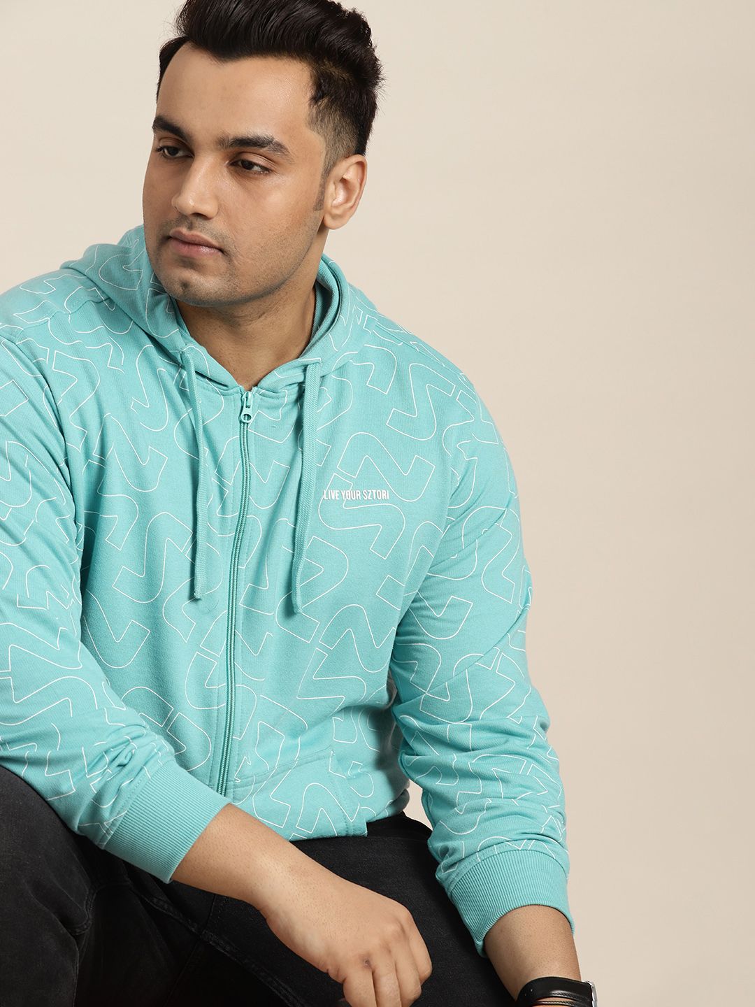  Sztori Men Plus Size Geometric Printed Hooded Sweatshirt