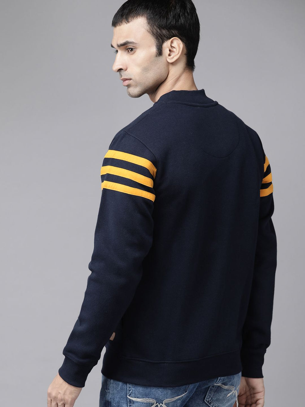  Roadster Men Navy Blue & Mustard Yellow Striped Sweatshirt
