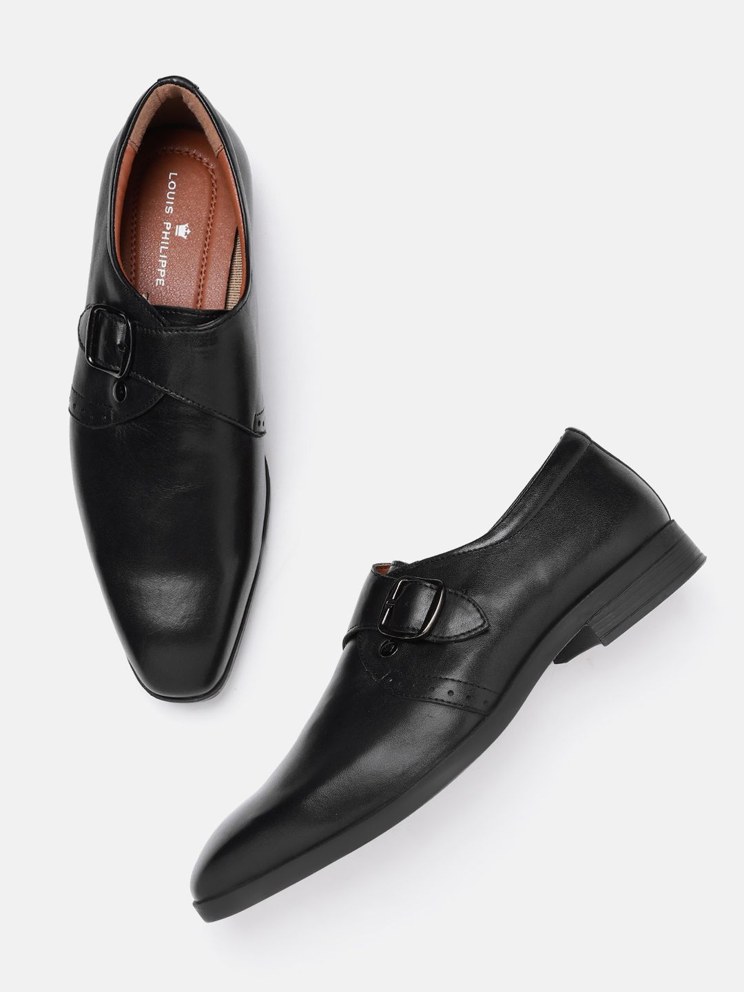  Louis Philippe Men Black Solid Leather Formal Monks