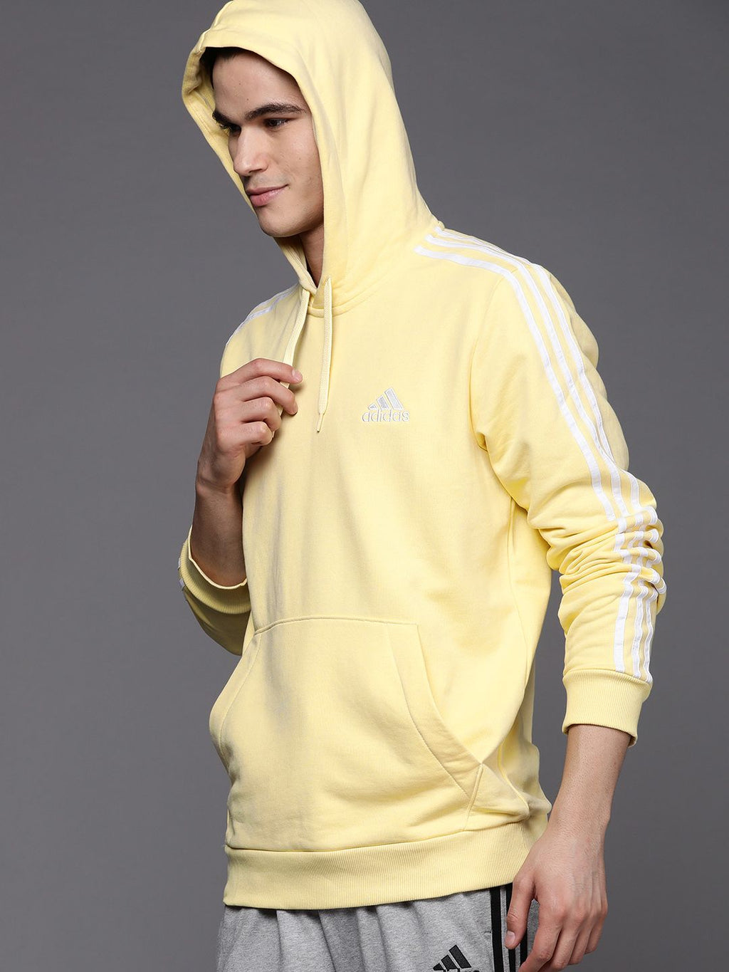  ADIDAS Men Yellow Hooded 3S Sweatshirt