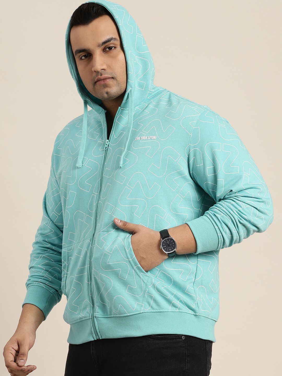  Sztori Men Plus Size Geometric Printed Hooded Sweatshirt