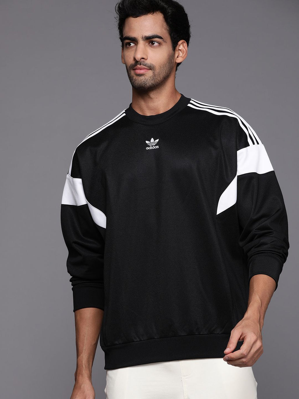 ADIDAS Originals Men Black & White Adicolor Classics Cut Line Challenger Crew Sweatshirt