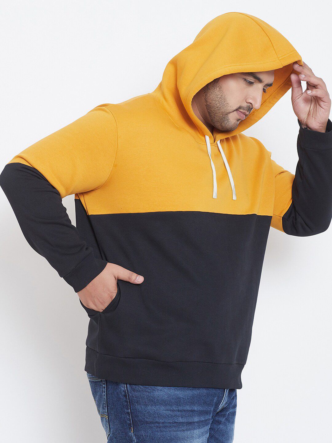 Instafab Plus Men Mustard Yellow & Black Colourblocked Hooded Sweatshirt