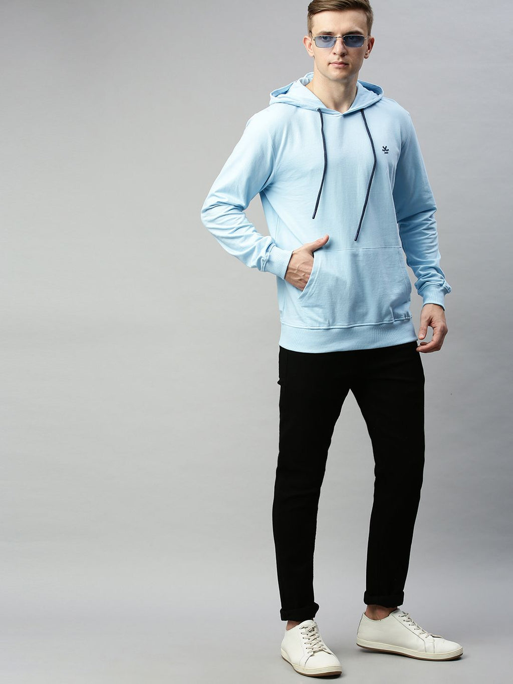  WROGN Men Blue Slim Fit Solid Hooded Sweatshirt