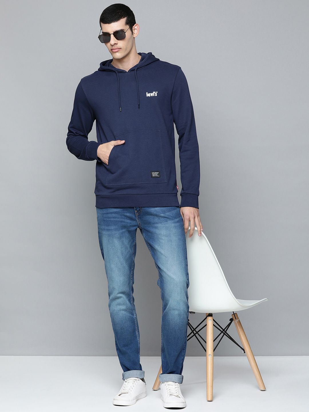  Levis Men Navy Blue Brand Logo Embroidered Hooded Pure Cotton Sweatshirt