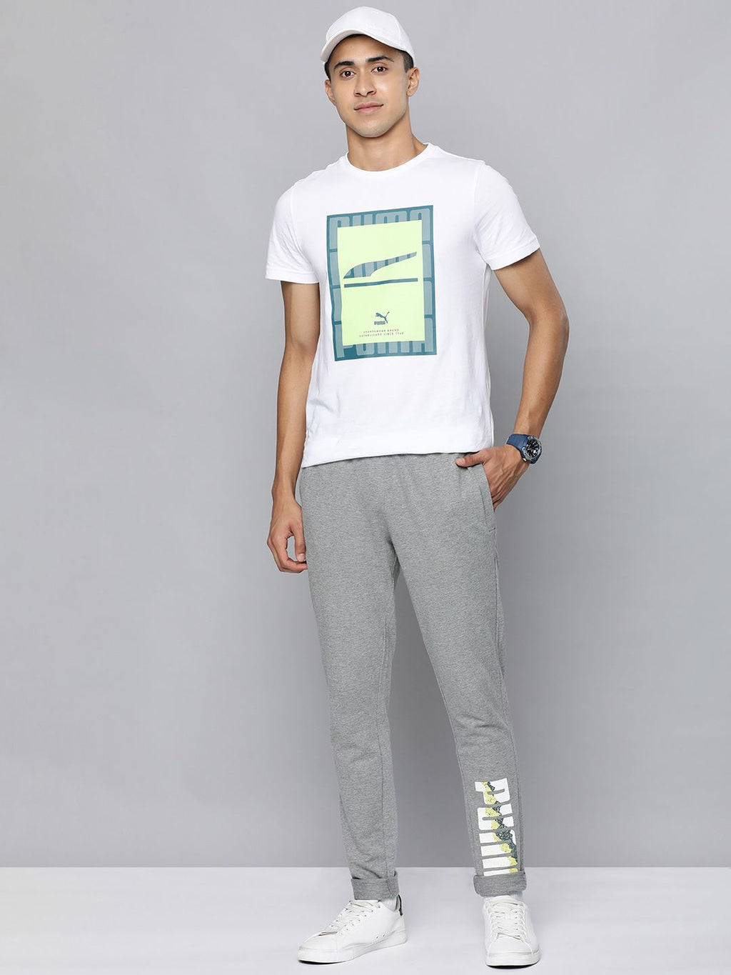  Puma Men Grey Melange Typography Printed Zippered Slim Fit Regular Track Pants