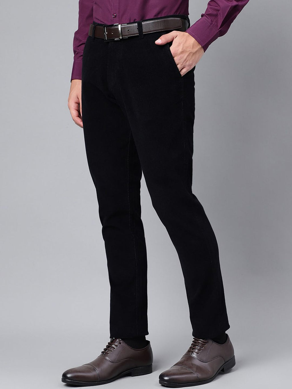  Hancock Men Solid Corduroy Slim Fit Formal Trousers