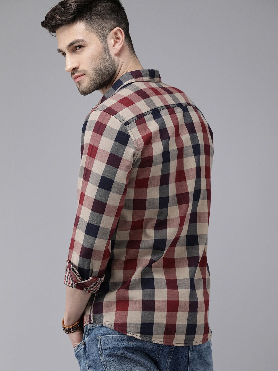  Roadster Men Navy Blue & Red Checked Sustainable Casual Reversible Shirt