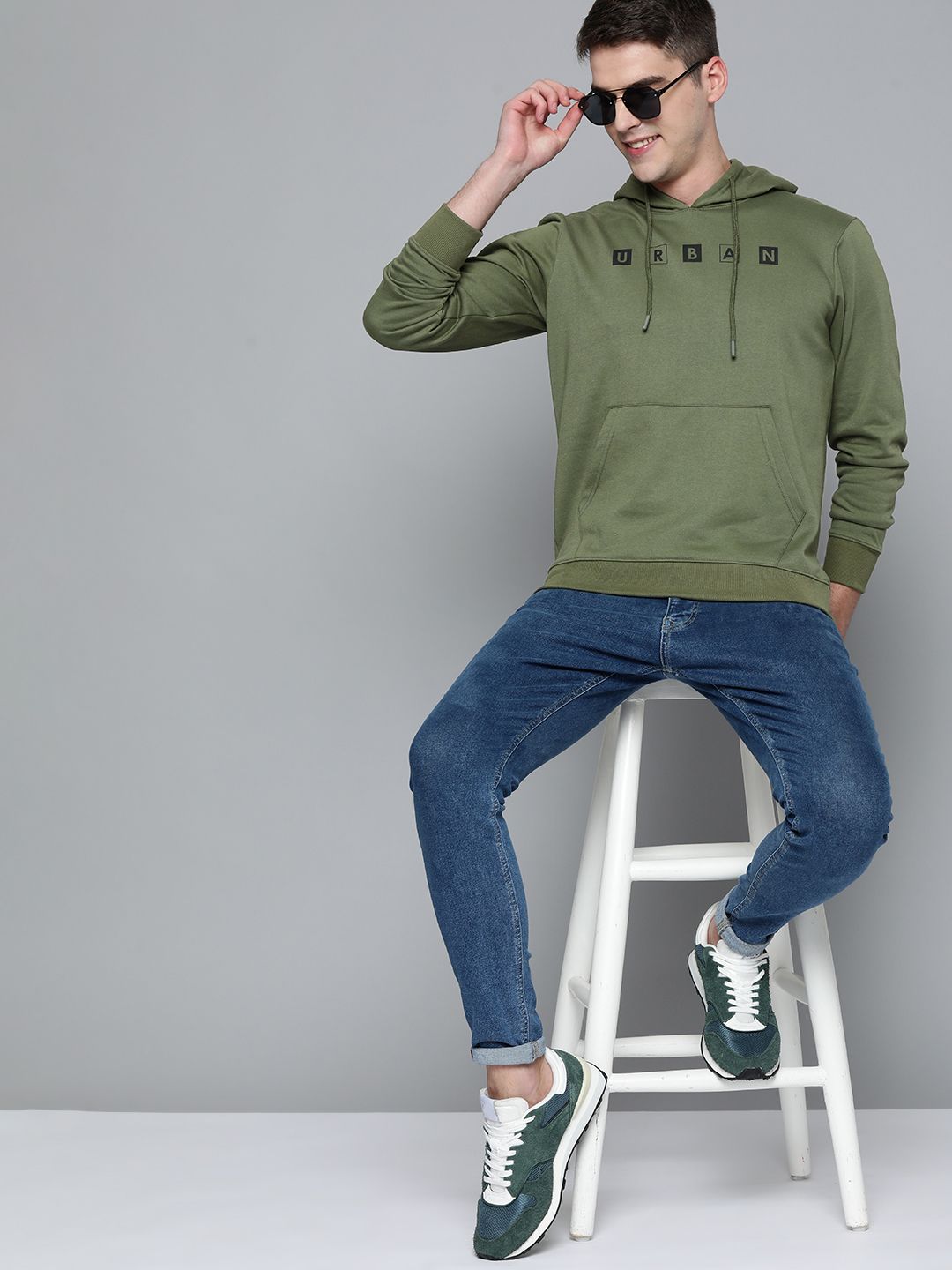  HERE&NOW Men Green & Black Printed Hooded Sweatshirt
