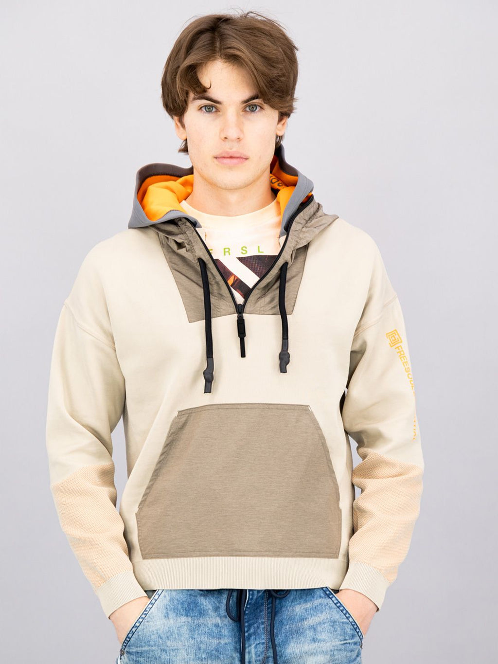  FREESOUL Men Beige Hooded Sweatshirt