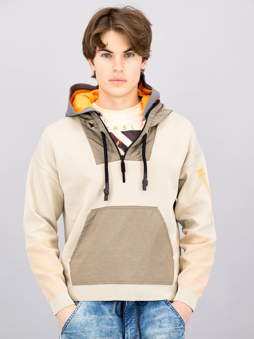  FREESOUL Men Beige Hooded Sweatshirt