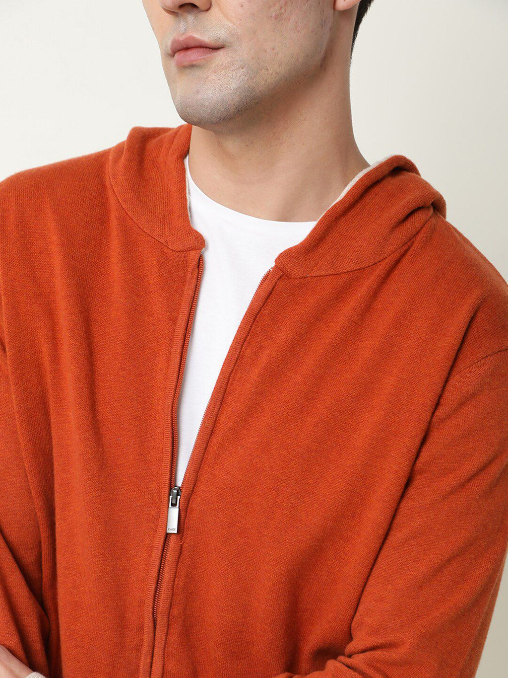  RARE RABBIT Men Orange Solid Cotton Hooded Sweatshirt
