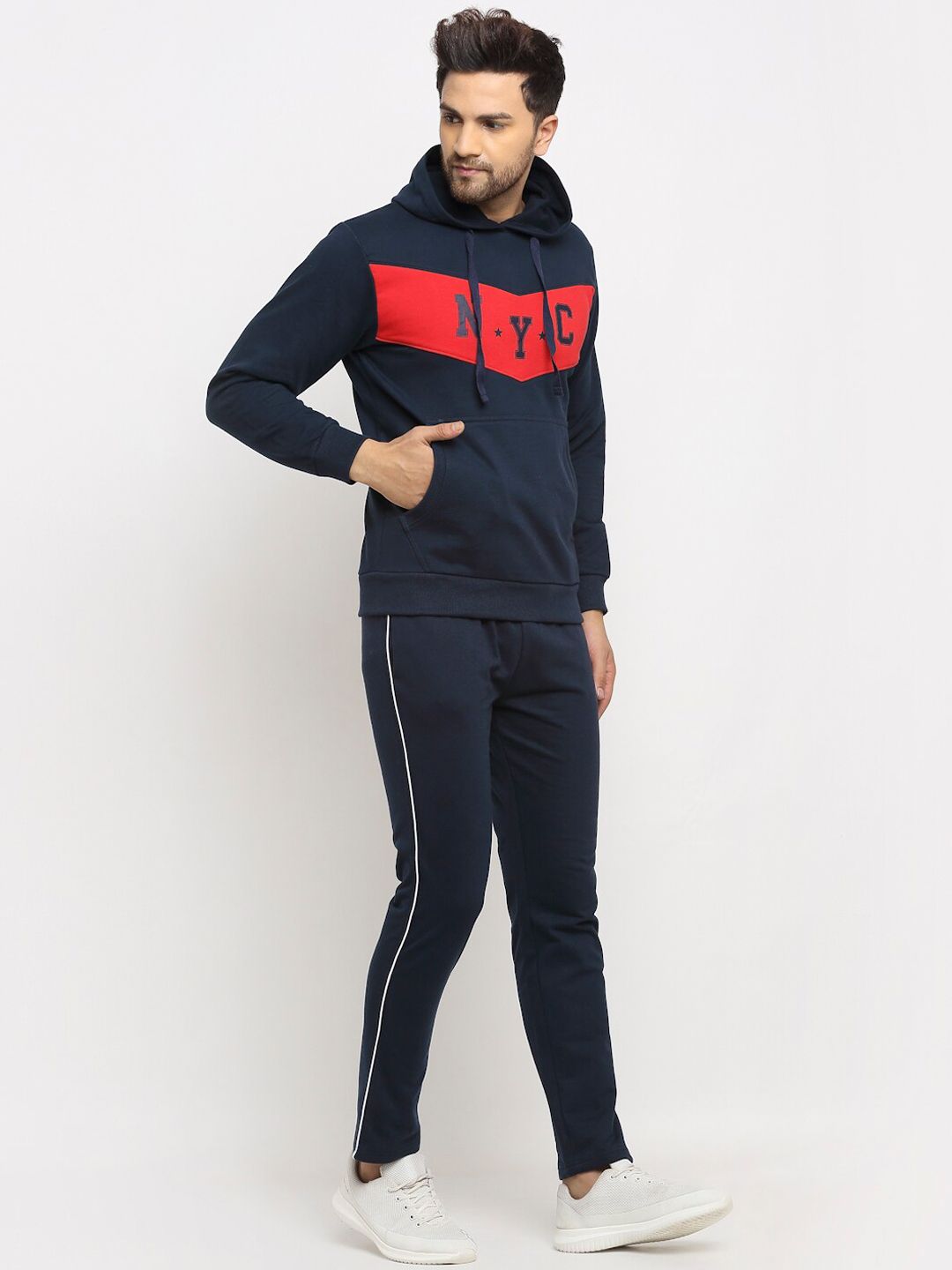  WILD WEST Men Navy Blue Hooded Tracksuit