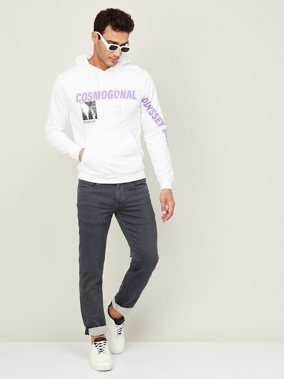  Bossini Men White Printed Hooded Cotton Sweatshirt