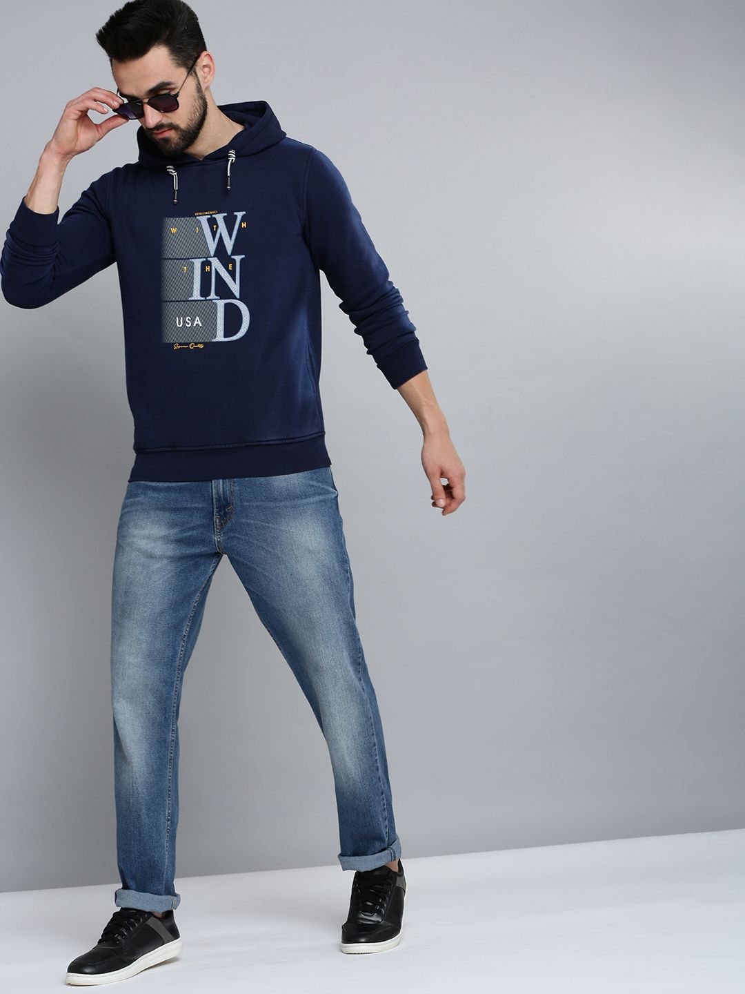  SHOWOFF Men Navy Blue Printed Hooded Cotton Sweatshirt