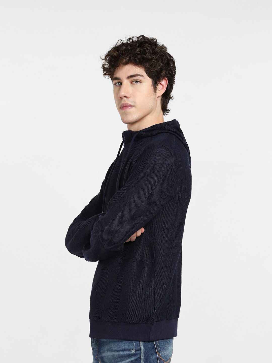  Jack & Jones Men Blue Solid Hooded Sweatshirt