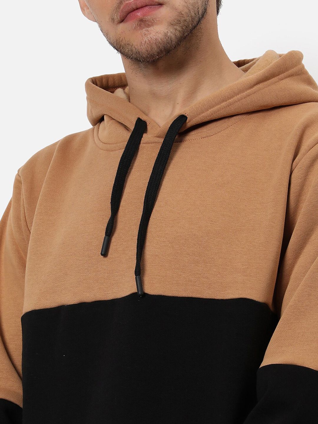  Campus Sutra Men Tan & Black Color Blocked Hooded Cotton Sweatshirt