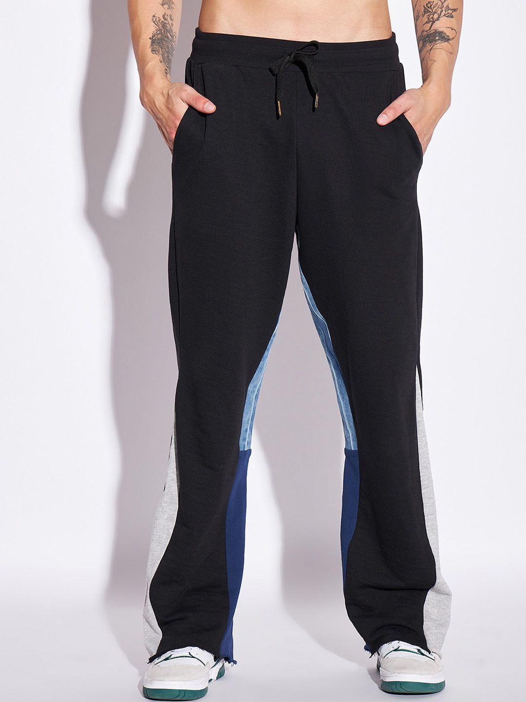  FUGAZEE Black Men Colourblocked Pure Cotton Flared Fit Track Pants