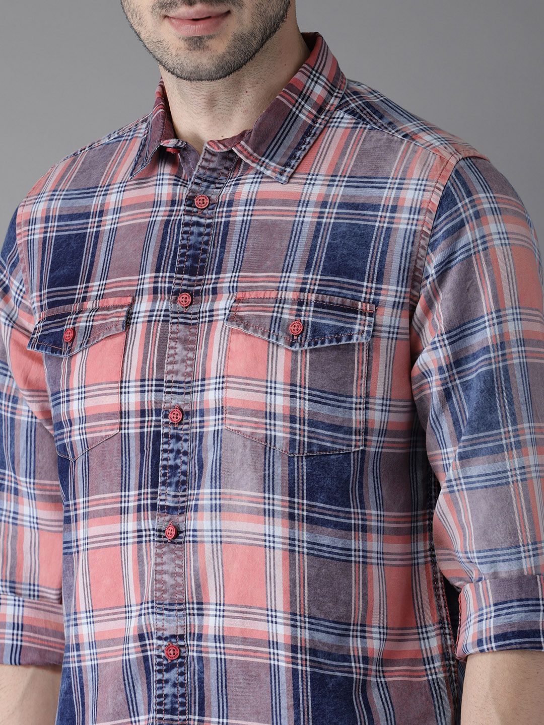  Moda Rapido Men Pink & Navy Blue Slim Fit Checked Casual Shirt