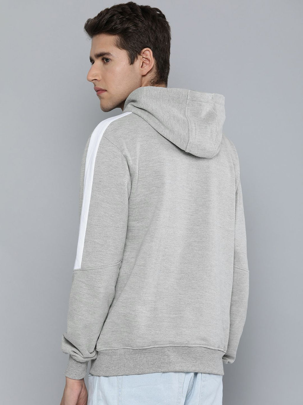 Ether Men Grey Solid Hooded Sweatshirt With Lined Detailed Sleeved