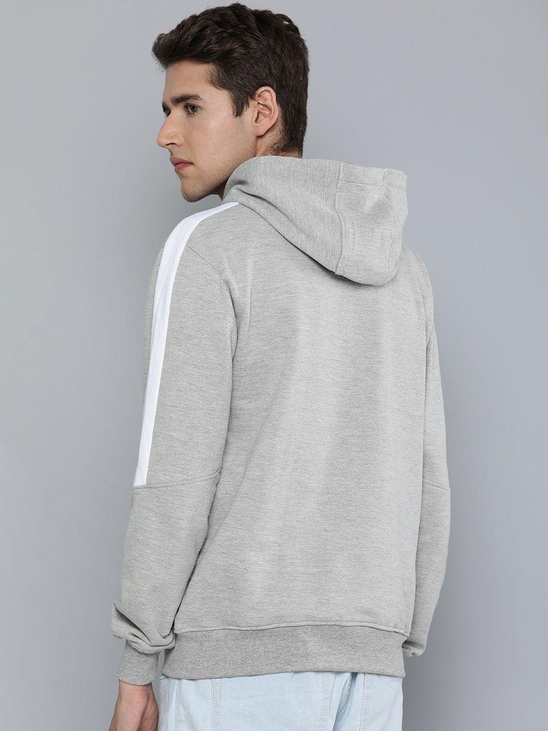  Ether Men Grey Solid Hooded Sweatshirt With Lined Detailed Sleeved