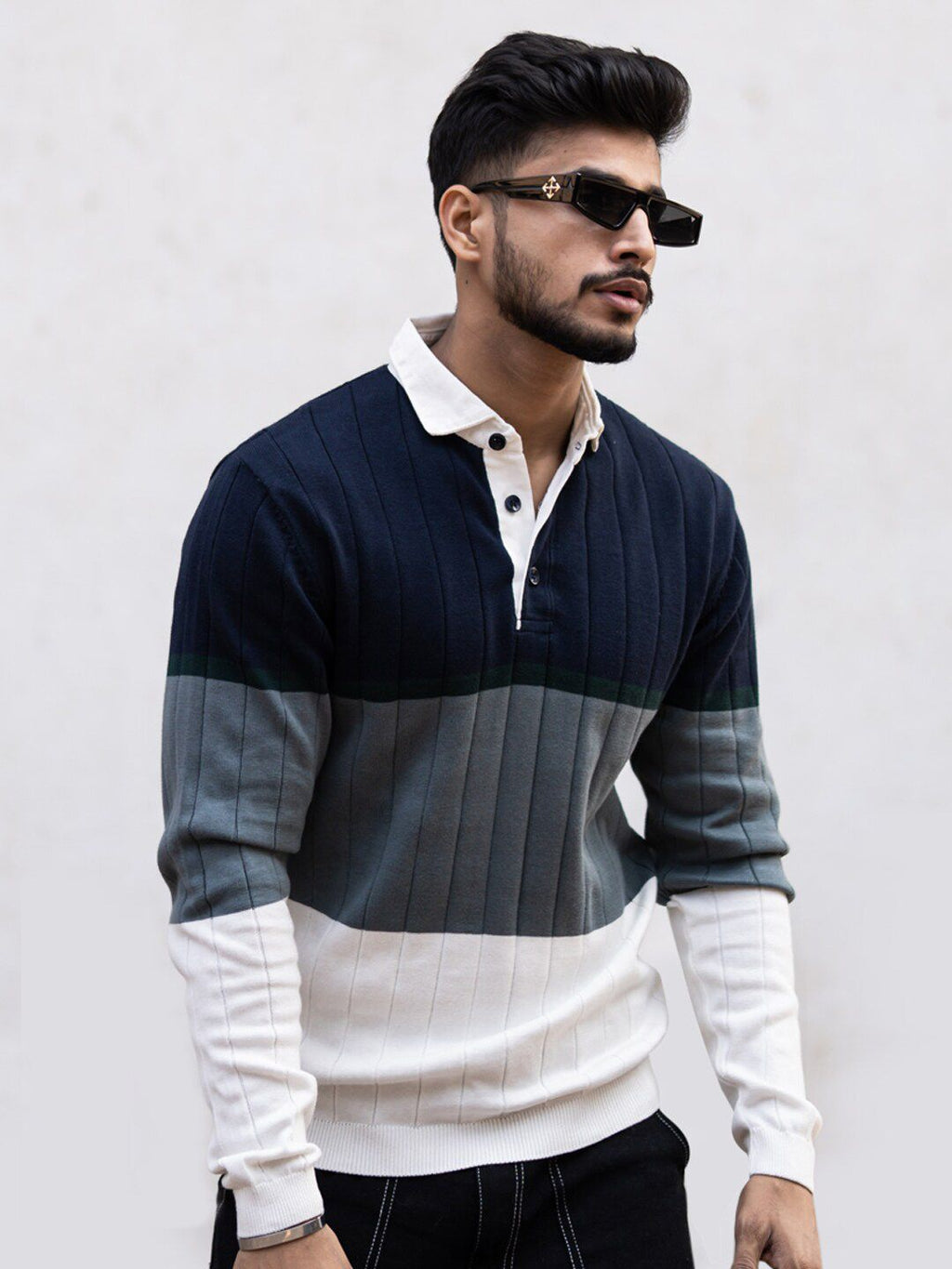  Powerlook Colourblocked Shirt Collar Ribbed Sweatshirt