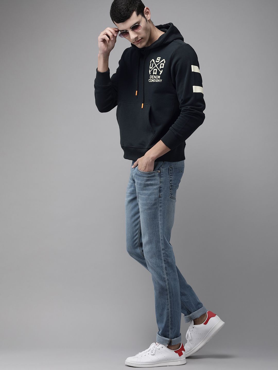  U S Polo Assn Denim Co Men Navy Blue & White Printed Hooded Sweatshirt