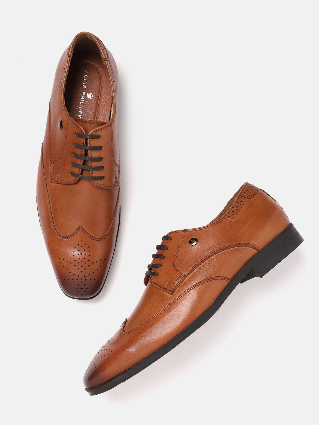  Louis Philippe Men Tan Brown Solid Leather Formal Derbys With Perforated Detail