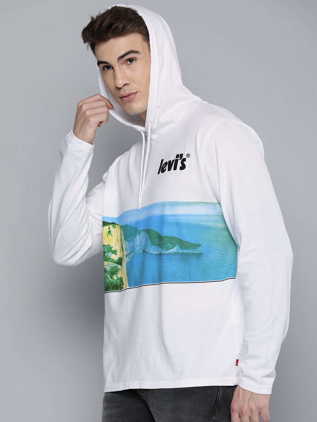  Levis Men White Printed Hooded Sweatshirt
