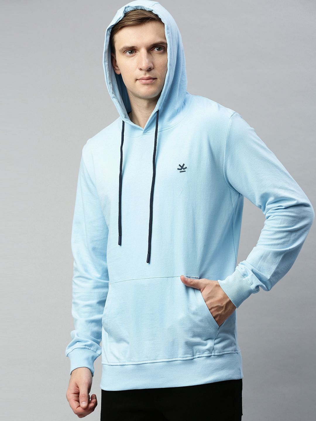  WROGN Men Blue Slim Fit Solid Hooded Sweatshirt