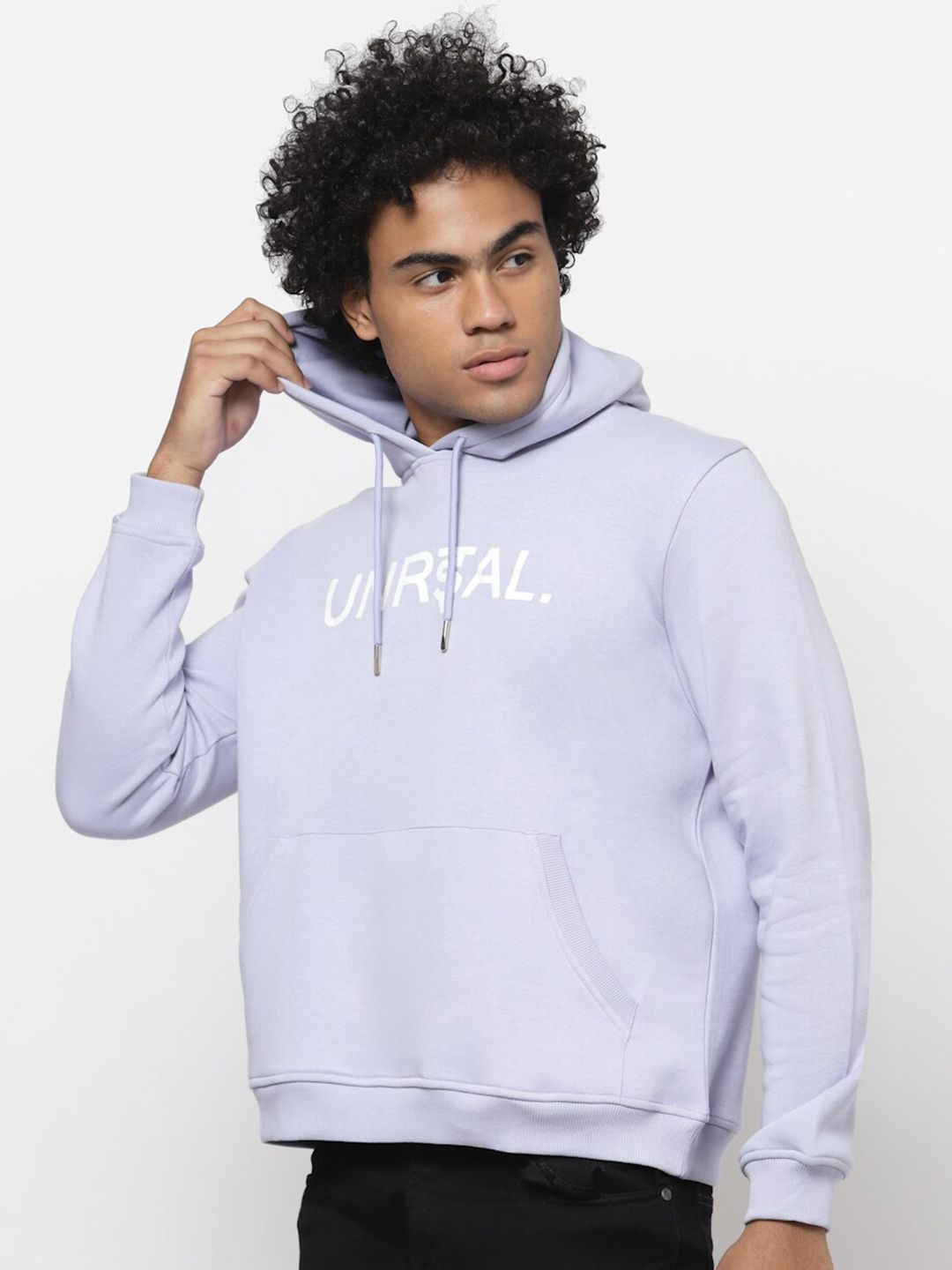  YOONOY Men Lavender Printed Hooded Sweatshirt