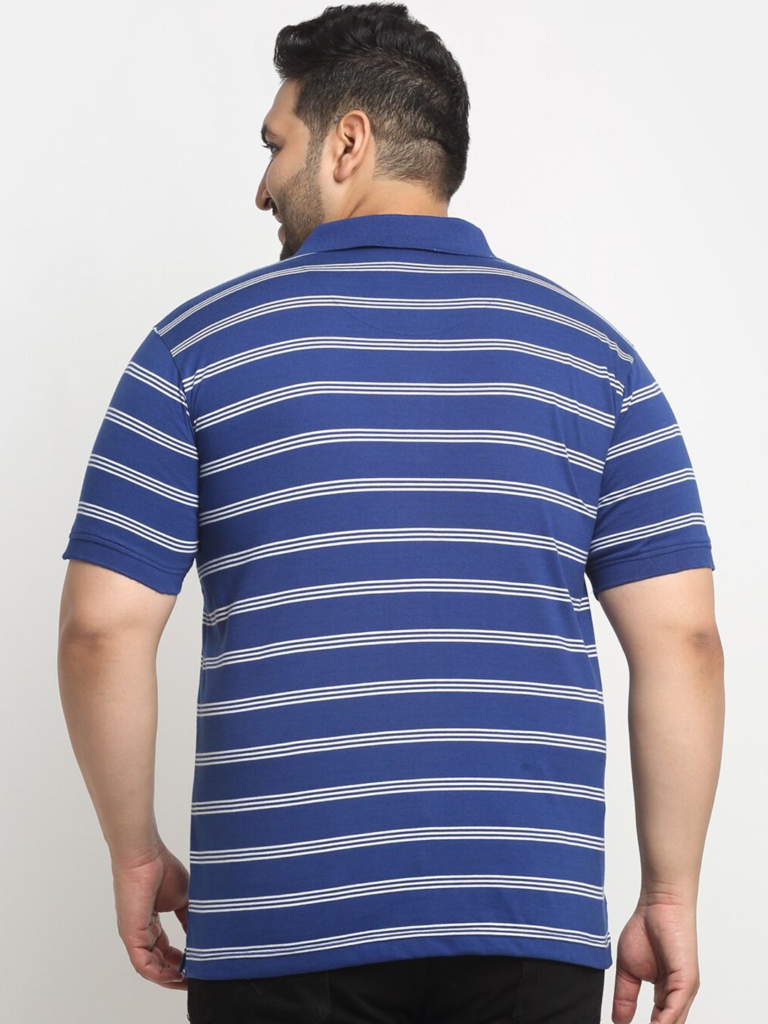  PlusS Blue Striped Polo Collar Pure Cotton T-shirt