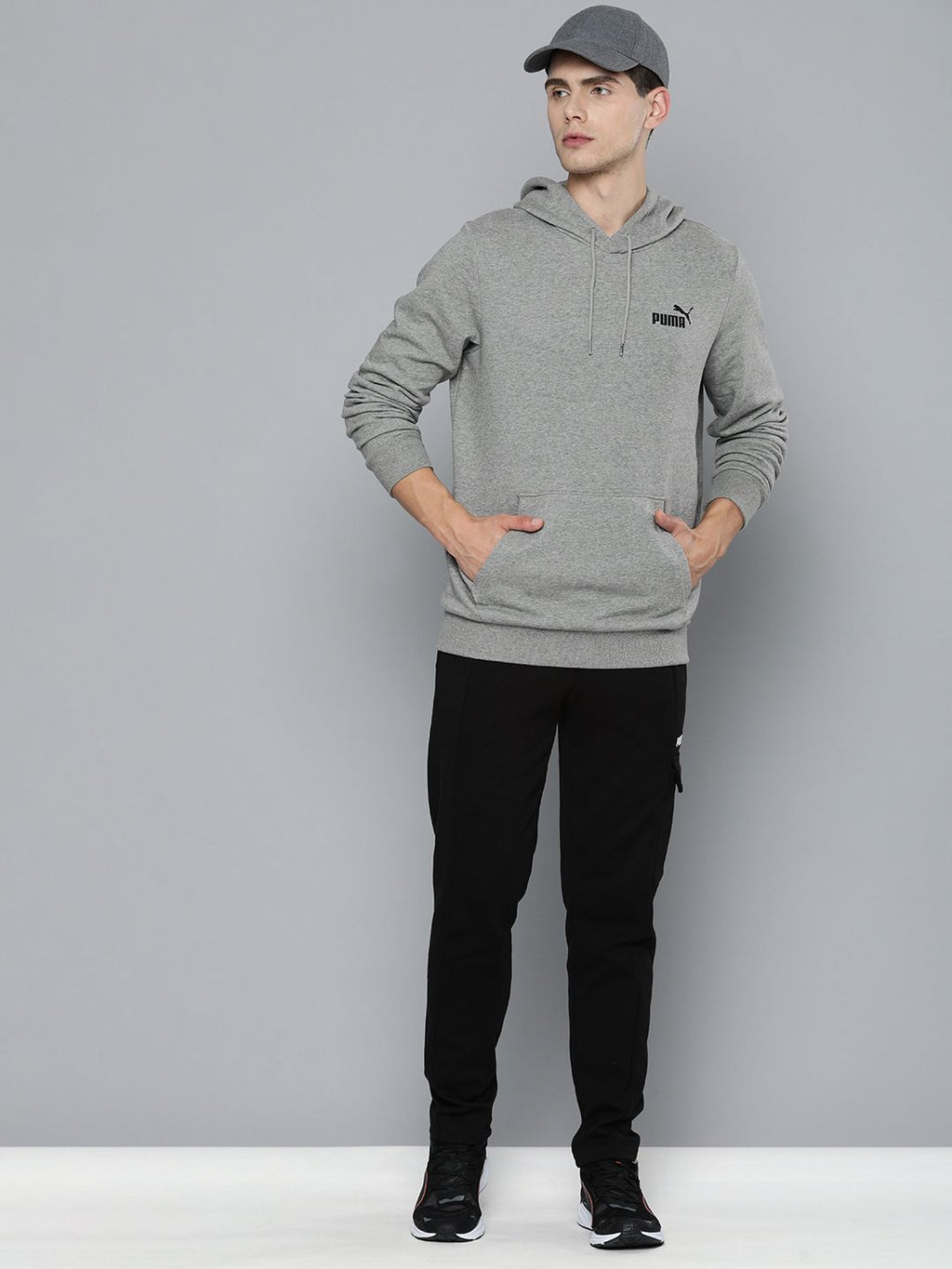  Puma Men Grey Melange Solid Essential Small Logo Hooded Sweatshirt