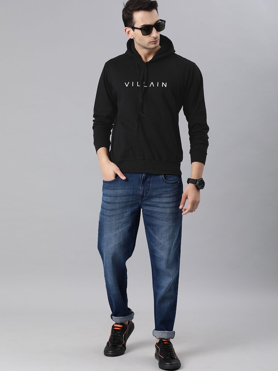  VILLAIN Men Black Printed Hooded Sweatshirt
