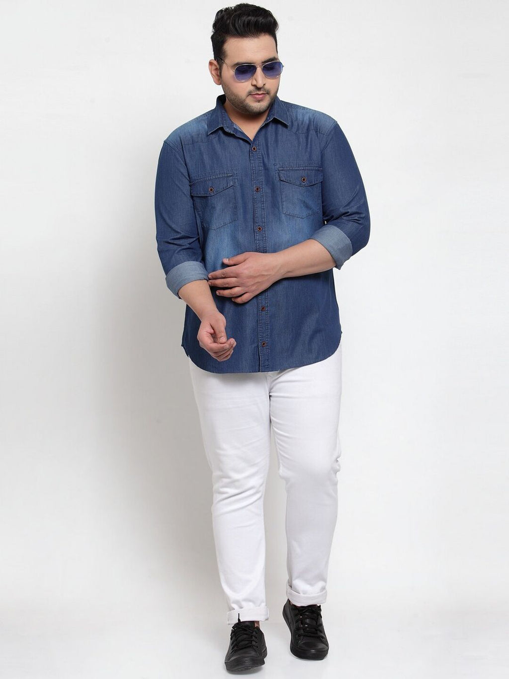  PlusS Men Blue Regular Fit Solid Casual Denim Shirt