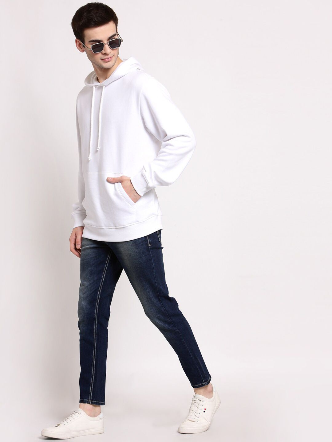  YOONOY Men White Solid Organic Cotton Hooded Sweatshirt