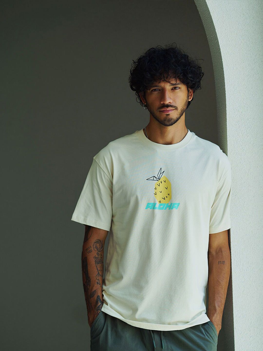 Bonkers Corner Cream-Coloured Oversized Conversational Printed Cotton T-shirt