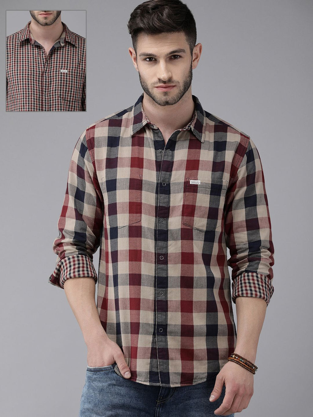  Roadster Men Navy Blue & Red Checked Sustainable Casual Reversible Shirt