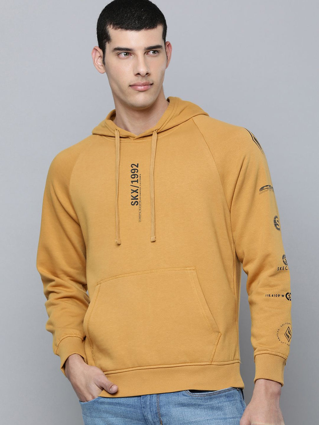  Skechers Men Mustard Yellow Typography Print SKX Varocity Hooded Pullover Sweatshirt