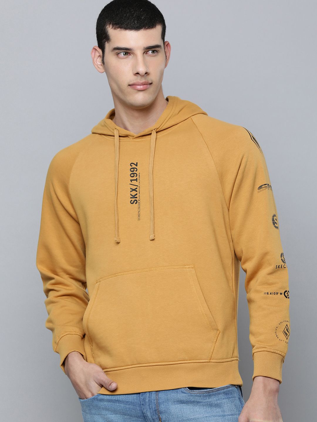  Skechers Men Mustard Yellow Typography Print SKX Varocity Hooded Pullover Sweatshirt