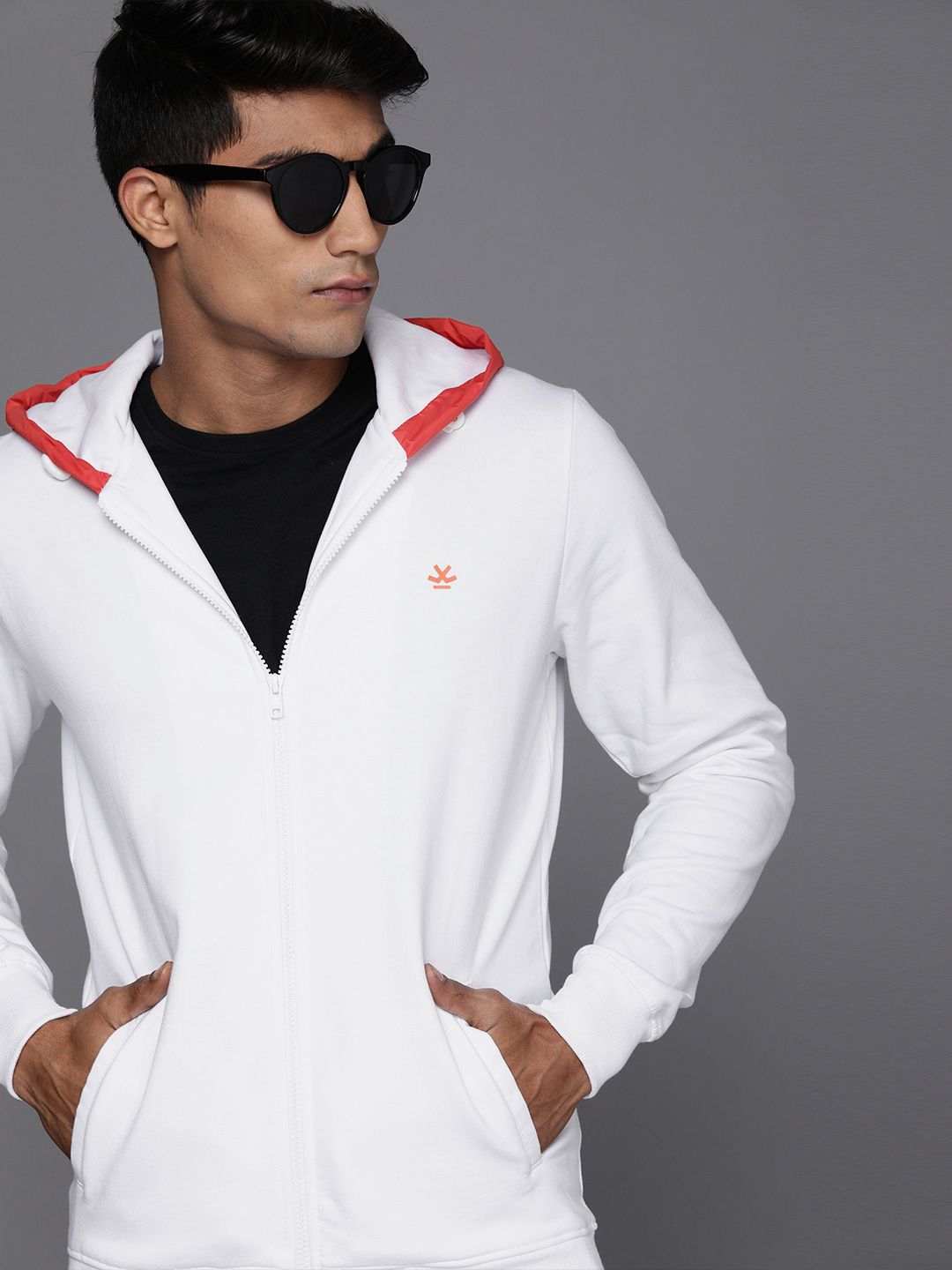  WROGN Men White Contrast Hood Front-Open Sweatshirt