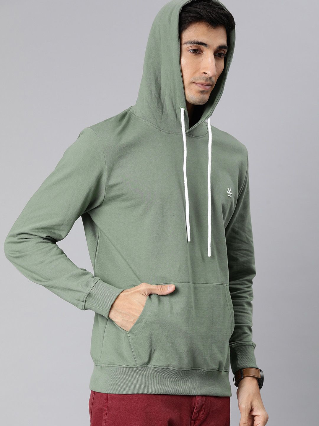 WROGN Men Green Solid Hooded Sweatshirt
