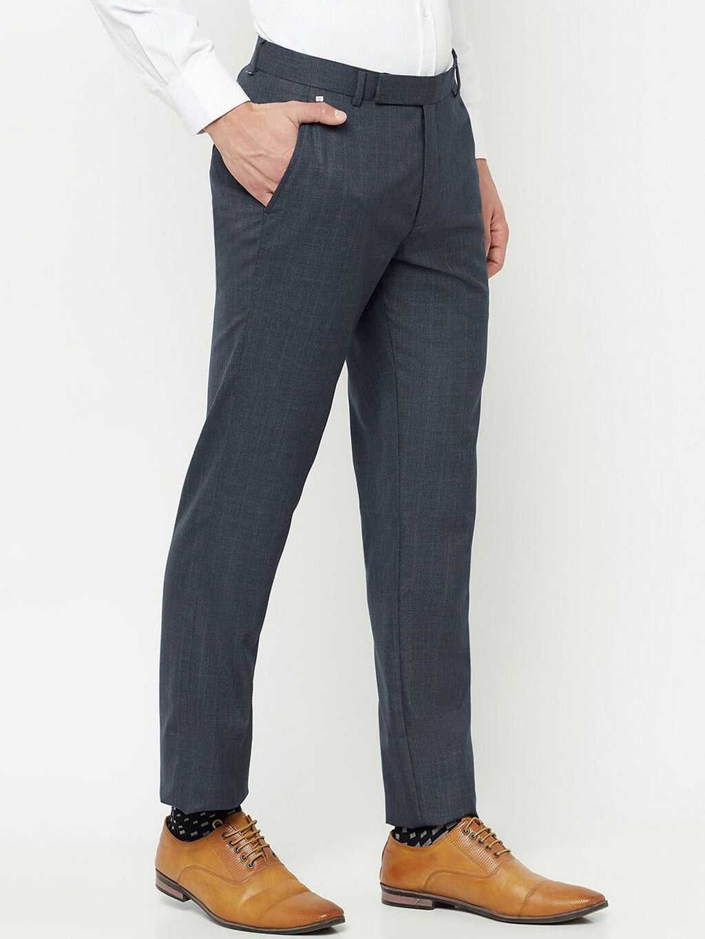  Cantabil Men Navy Blue Checked Formal Trousers