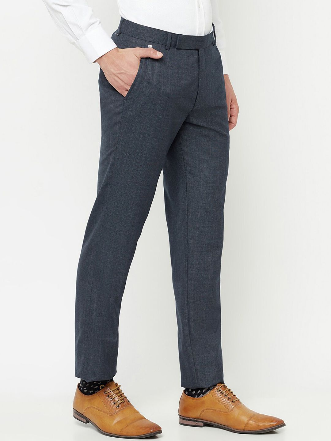 Cantabil Men Navy Blue Checked Formal Trousers