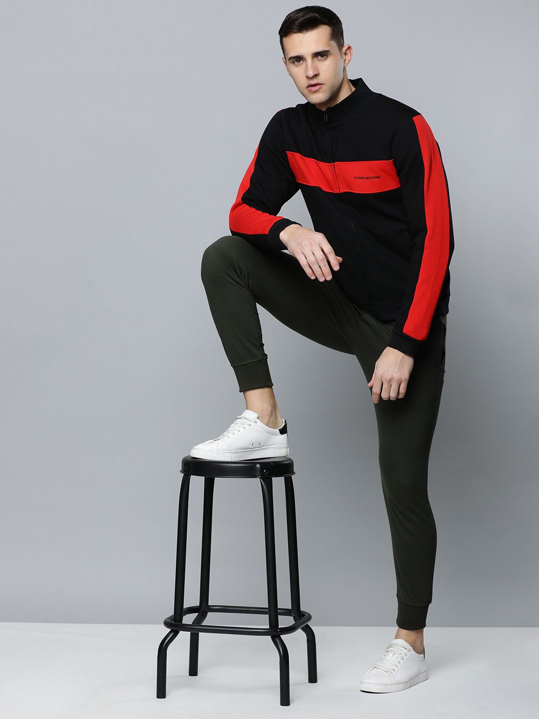  Flying Machine Men Black Block Stripes Front-Open Sweatshirt