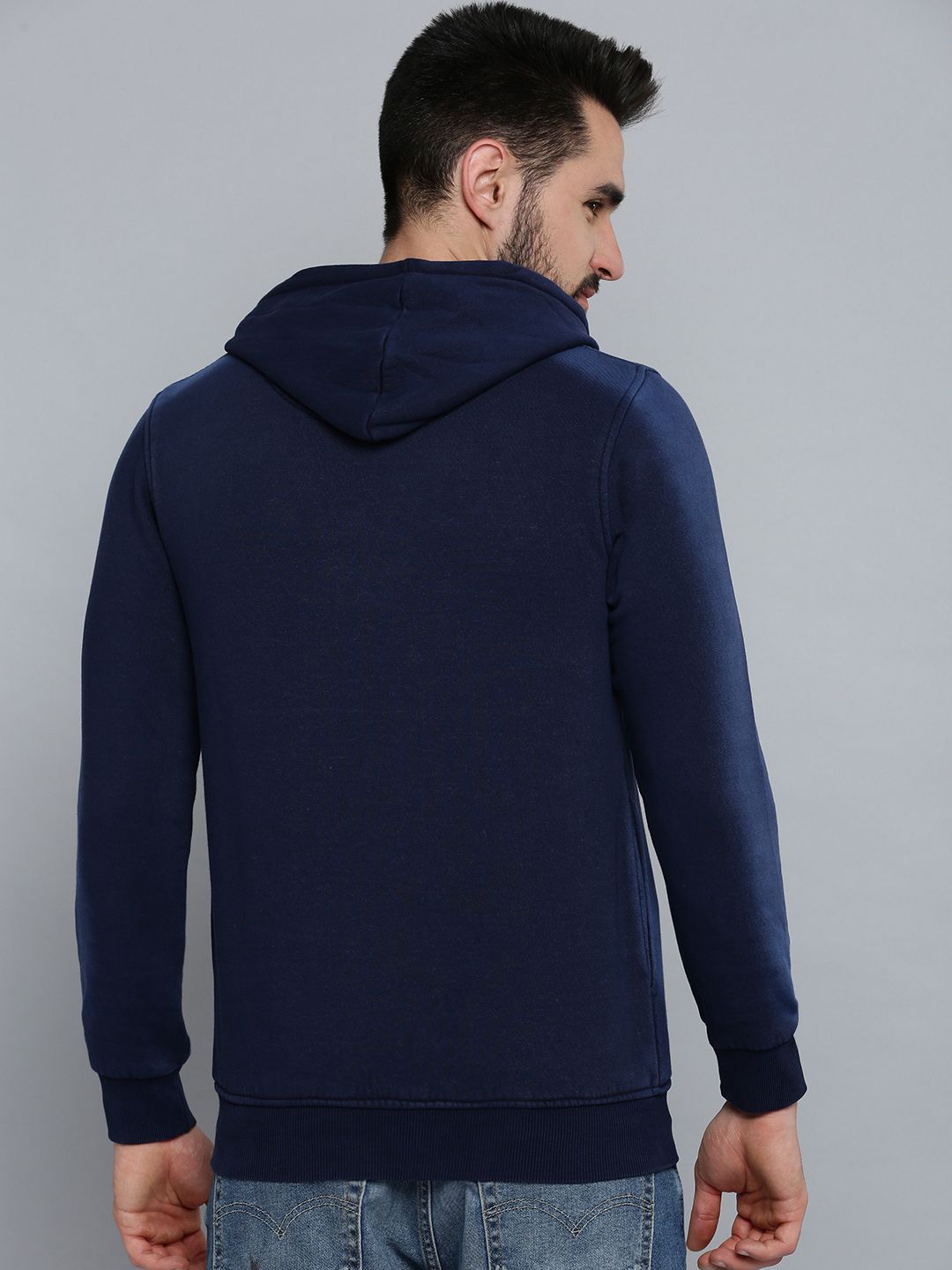  SHOWOFF Men Navy Blue Printed Hooded Cotton Sweatshirt