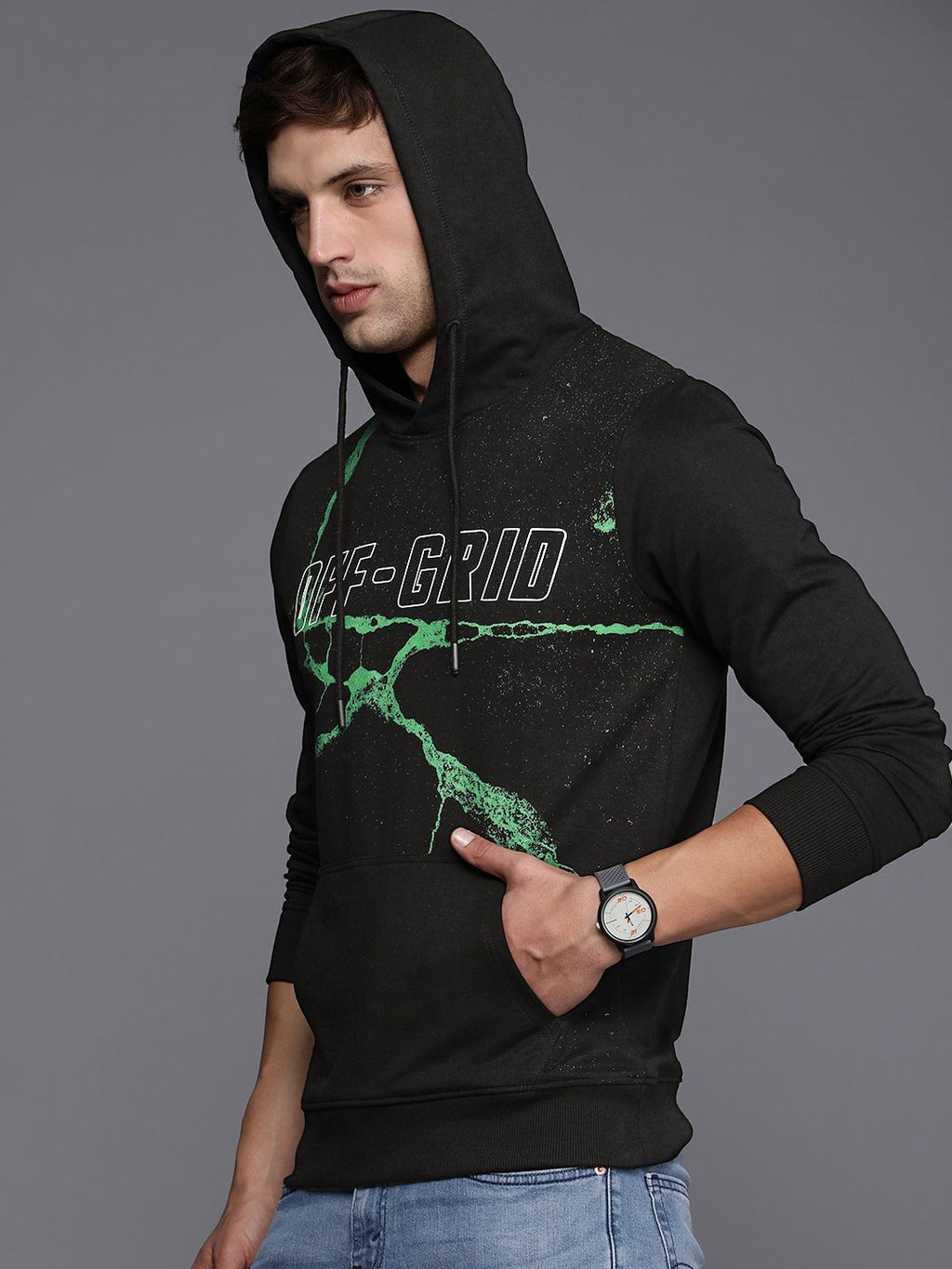  WROGN Men Black Printed Hooded Sweatshirt